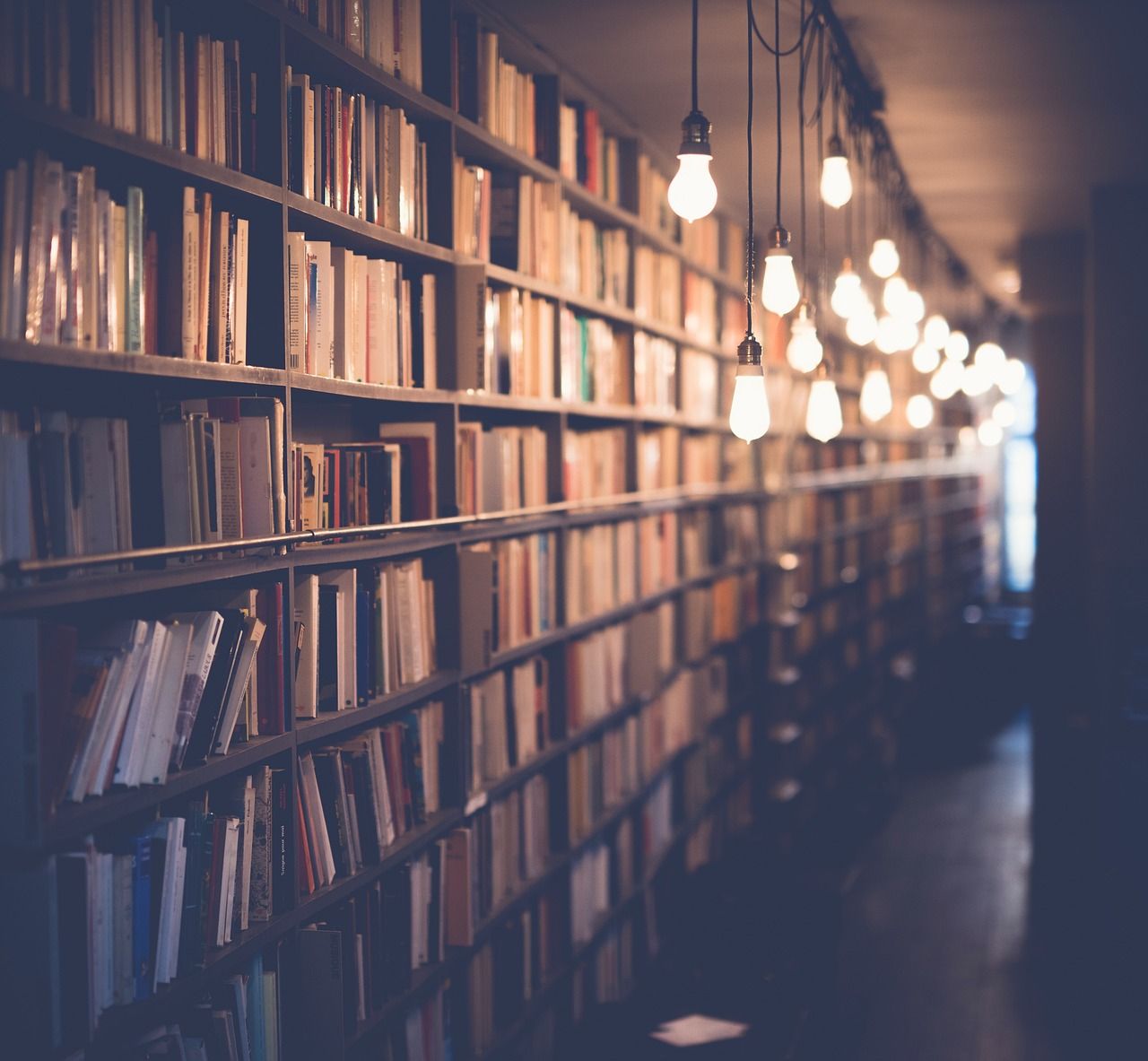 Biblioteca do escritório, com estantes de livros iluminadas por lâmpadas pendentes