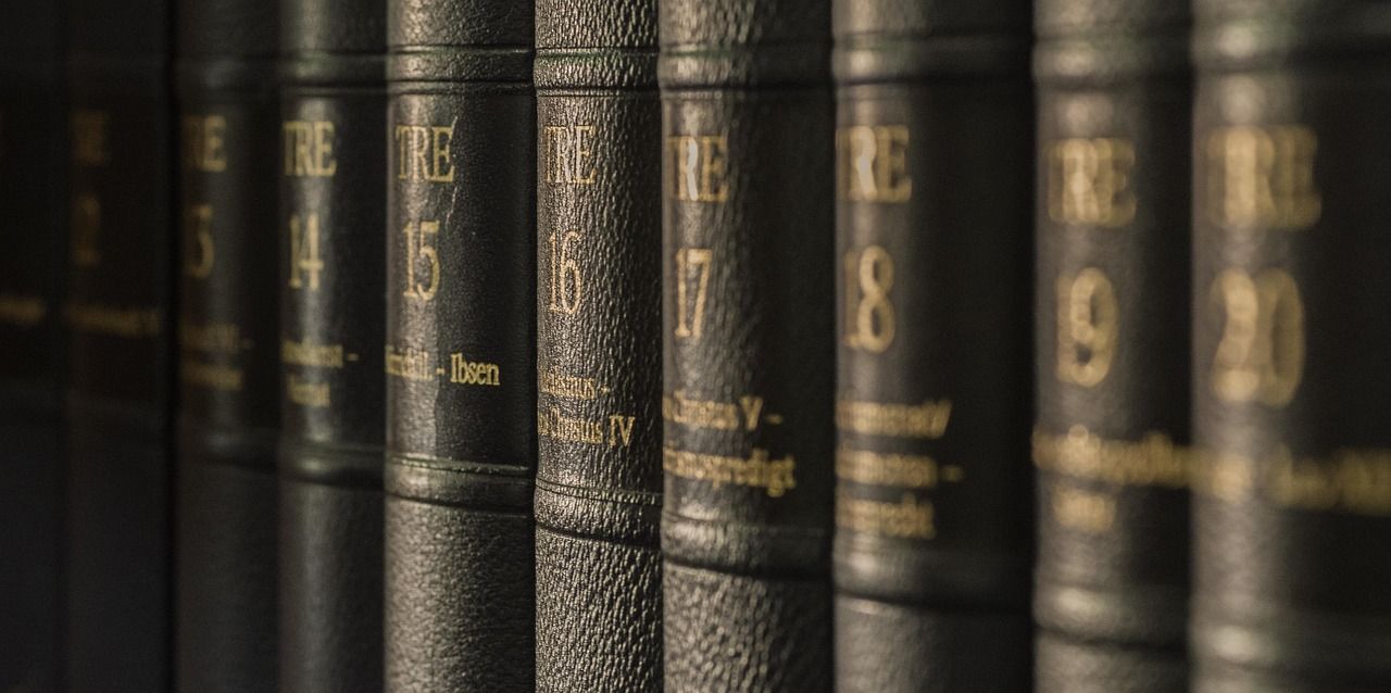 Lombadas de livros encadernados em couro escuro, numerados, na estante